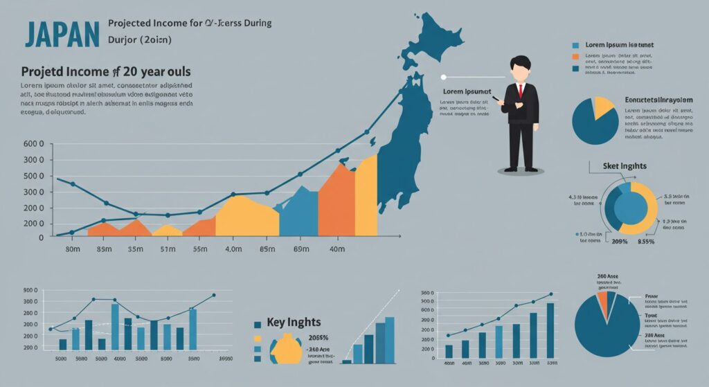 JAPAN Projetd Income 20 year oulsと書かれており日本列島とスーツを着た男性のイラストでグラフが右上に伸びており20代年収をイメージしている