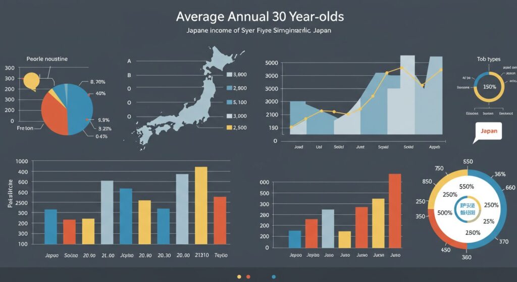 30歳代の平均年収と英語で書かれており、日本列島とグラフで30代の年収をイメージしたイラスト