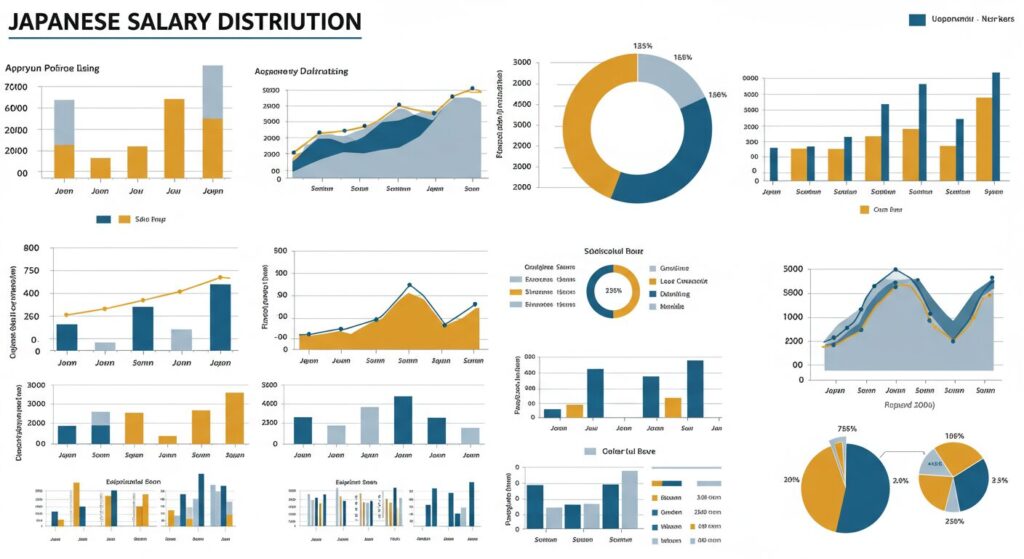 日本の給与分布と左上に英語で書かれおり複数のグラフで給与分布をイメージしている図
