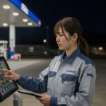 深夜のセルフガソリンスタンドでタッチパネルを操作する派遣社員のイメージ